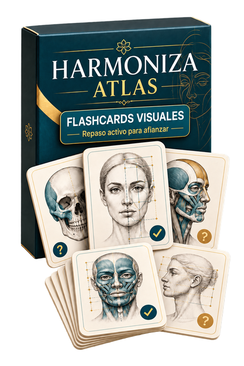 Mockup físico de las flashcards visuales de armonización facial