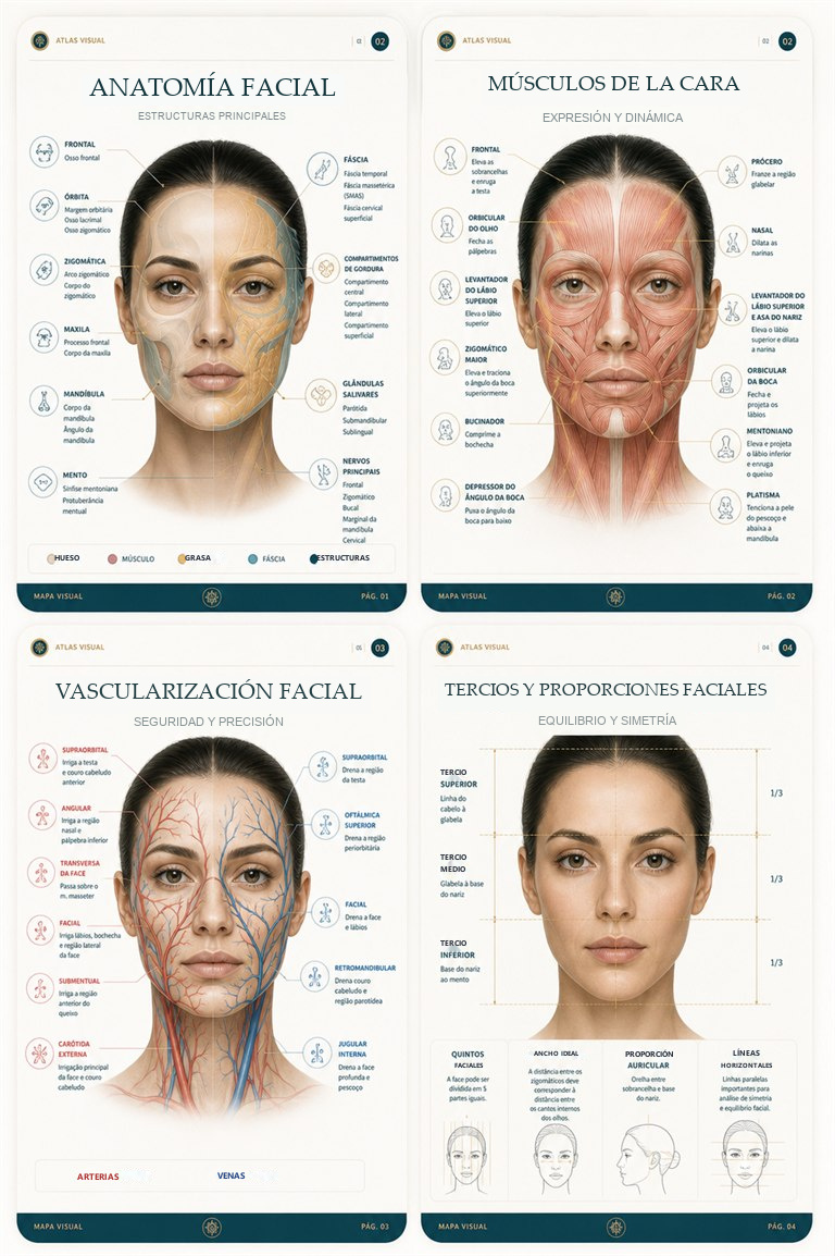 Vista previa de cuatro páginas internas del Armoniza Atlas sobre anatomía, músculos, vascularización y proporciones faciales